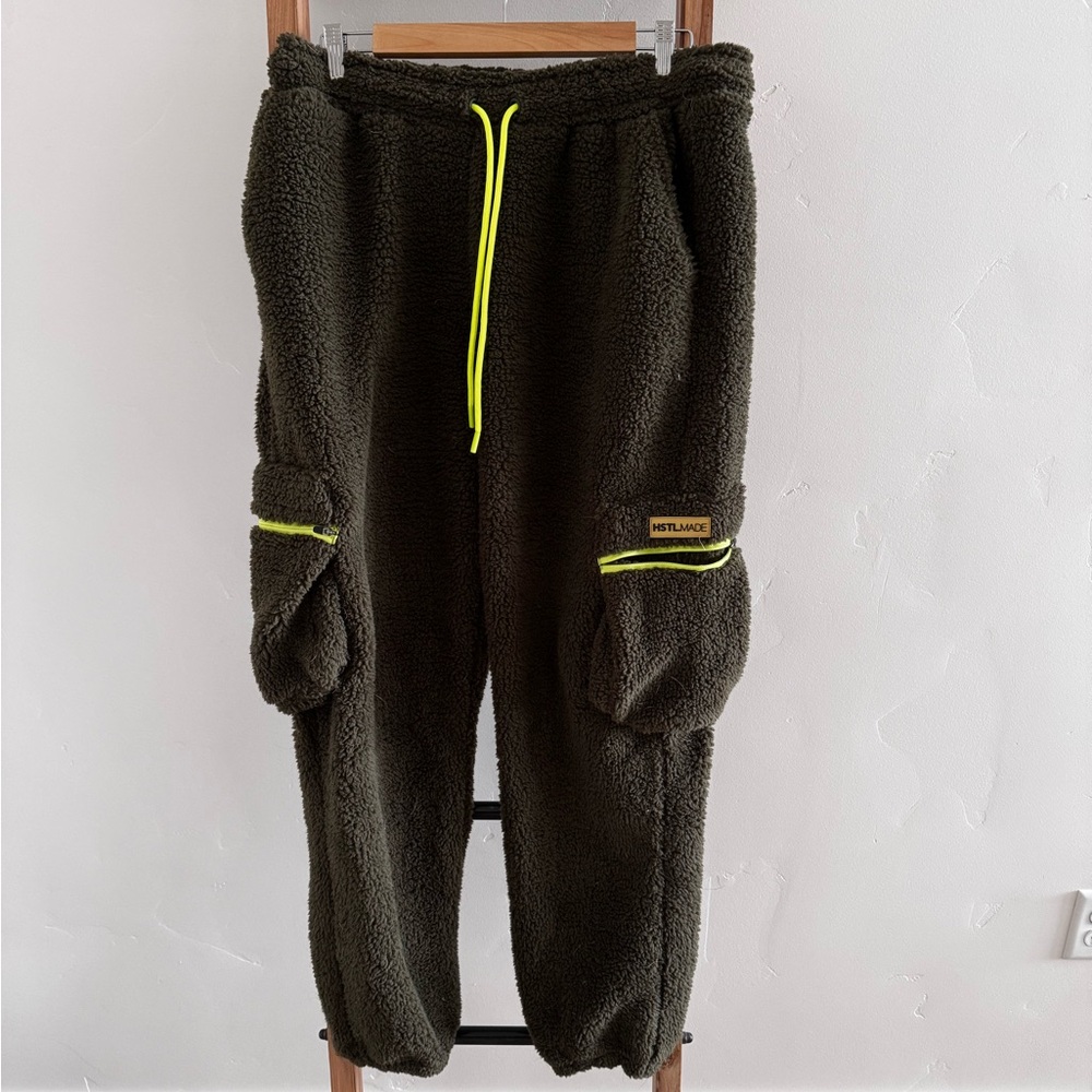 Dark Green Fleece Joggers with Neon Accents